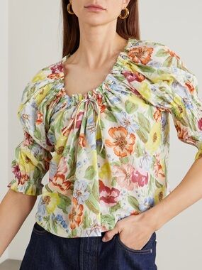 Doen Inez gathered floral-print organic cotton-voile blouse